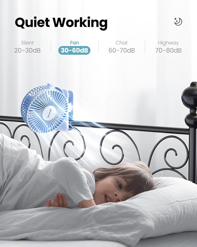 Gaiatop Portable Clip on Fan Battery Operated, Small Powerful 3 Speed Quiet 360° Rotate, USB Rechargeable Mini Personal Cooling Fan for Desk Table Home Office Stroller Camping Women Gifts Light Blue