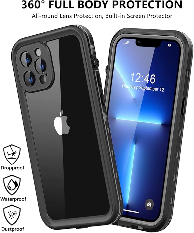 Protebox for iPhone 13 Pro Max Waterproof Case with Built-in Screen Protector, Shockproof Dustproof Full Body Protective IP68 Waterproof Phone Case for iPhone 13 Pro Max 6.7 inch (Black/Clear)