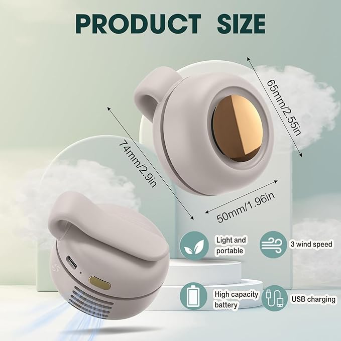 Portable Silent Mini Bladeless Fan Clip On,Small Clip Fan, Adjustable 3 Speeds Suspended, Waist Fans forclip onfan for shirt Suitable for Outdoor & Travel & Office (White)