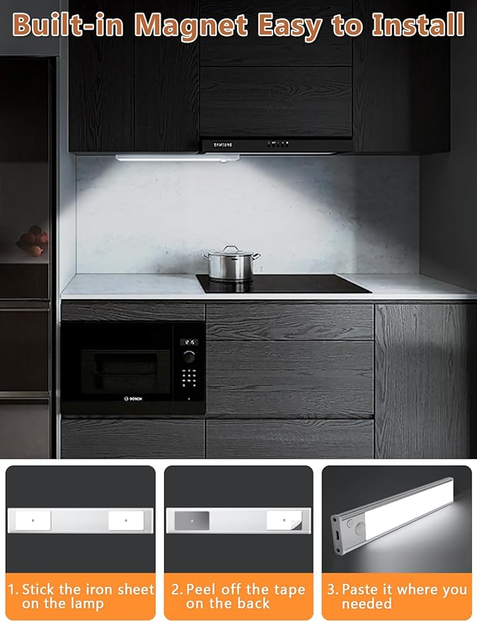 Under Cabinet Motion Sensor Lighting: 14 Inch Dimmable Rechargeable Lights Indoor - Battery Operated Lights - Undercabinet Closet Light Magnetic Led Light for Kitchen Home Bathroom Counter 3 Pack