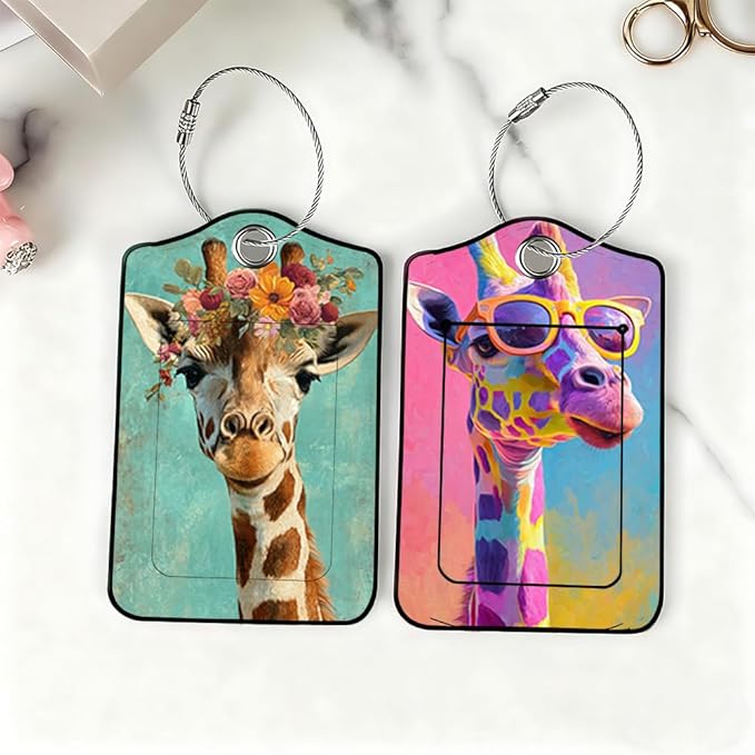 2 Pack Giraffe Luggage Tags for Suitcases, Floral & Sunglasses Animal Travel ID Tags with Privacy Cover, PU Leather Bag Identifiers, Spring & Summer Vacation Essentials, Mother's Day