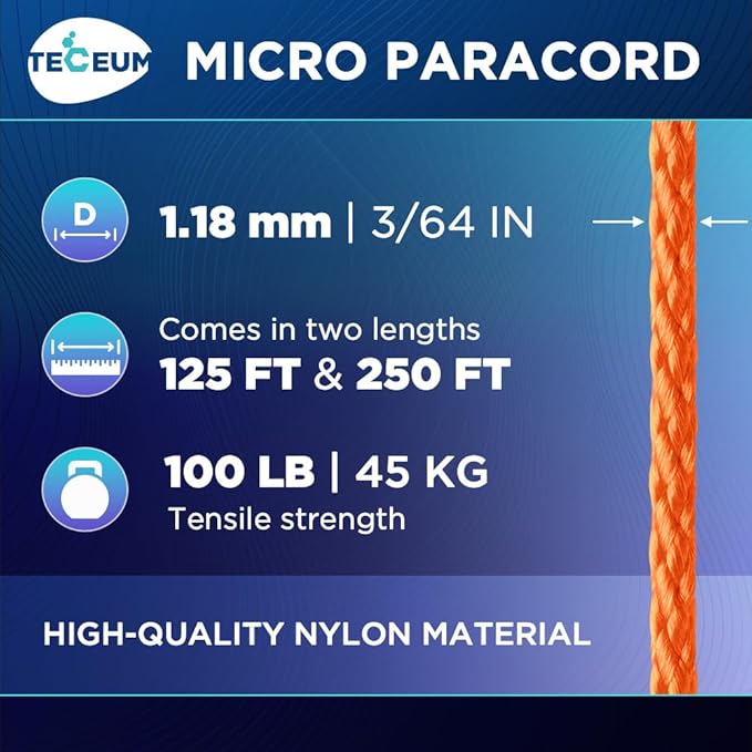 TECEUM Micro Paracord – 1.18 mm X 125 ft – Micro Utility Cord – Thin Braided Paracord Rope – Best for Crafting, DIY Projects, Fishing, Camping – Wind Chime Replacement – Survival Strong String