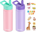 baab 20oz Kids Water Bottle, Insulated Water Bottle with Straw & Stickers, 18/8 Stainless Steel Vacuum Leakproof Kids Water Straw Cup for School, Perfect for Boy Girl (Pink+Purple, 2 Pack)