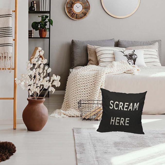 TKS MITLAN Scream Here Pillow Cover 18x18 inch Black White Phrase Pillows Decorative Throw Pillows Farmhouse Decor for Home Cushion Case