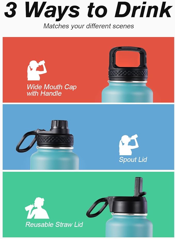 Coolflask Water Bottle 40 oz Insulated with Straw, Stainless Steel Metal 3 Lids Water Flask for Sports or Office, Keep Cold 48H Hot 24H, Indigo Blue