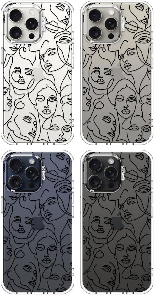 MOSNOVO Case for iPhone 15 Pro Max, [Buffertech 6.6ft Military-Grade Drop Protection] [Anti Peel Off Tech] Clear TPU Bumper Phone Case Cover Design - Abstract Face Line Art