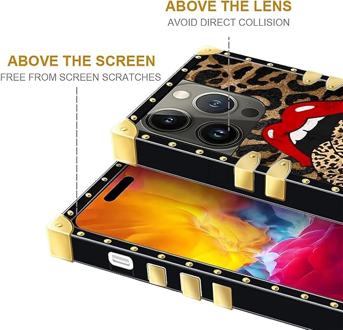 Compatible with iPhone 15 Pro Case, Brown Leopard Print Mouth Luxury Golden Decoration for Girl Women Soft TPU Shockproof Protective Hard PC Back for iPhone 15 Pro