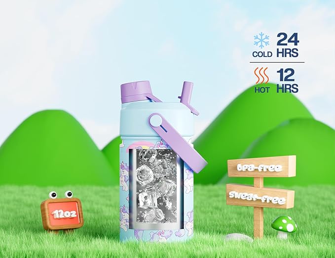 12 oz Kids Stainless Steel Water Bottle: 2-in-1 Straw Spout Lid, Leakproof, BPA-Free, Easy Clean, Keep Cold 24H, Insulated Cup with Carrier Bag for School, Travel, Playtime, Gift (Dreamy Unicorn)