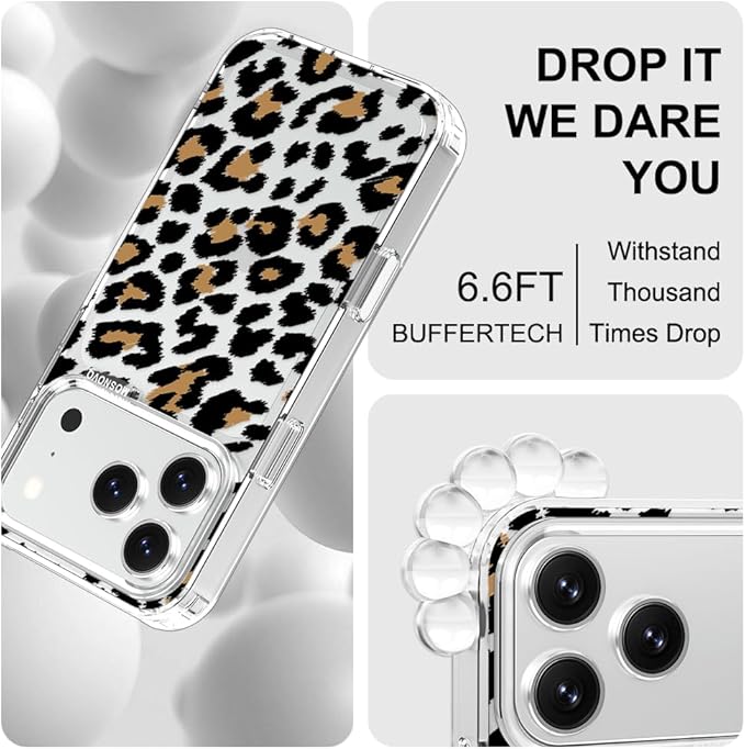 MOSNOVO for iPhone 17 Pro Case | Military Grade 6.6ft Drop Tested | Camera Control | Clear with Leopard Print Design