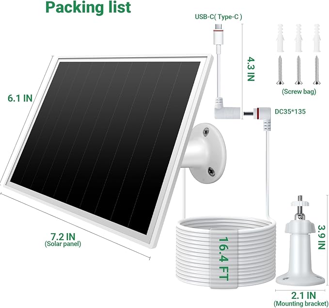 2 Pack Solar Panel for Ring Camera, 6W Solar Charger with USB-C & Barrel Plug for Ring Stick Up Pro/Plus & Spotlight Cam Battery Series, Waterproof, 16ft Cable (White)