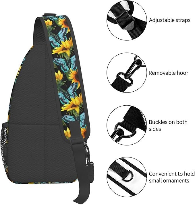Sunflower And Blue Butterfly Sling Bag For Women Men Fashion Print Backpack Crossbody Shoulder Bag Sling Backpack Chest Bag Travel Hiking Casual Sport Daypack
