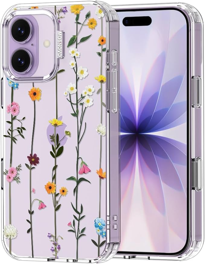 MOSNOVO for iPhone 17 Case | Military Grade 6.6ft Drop Tested | Camera Control | Clear with Wildflowers Design