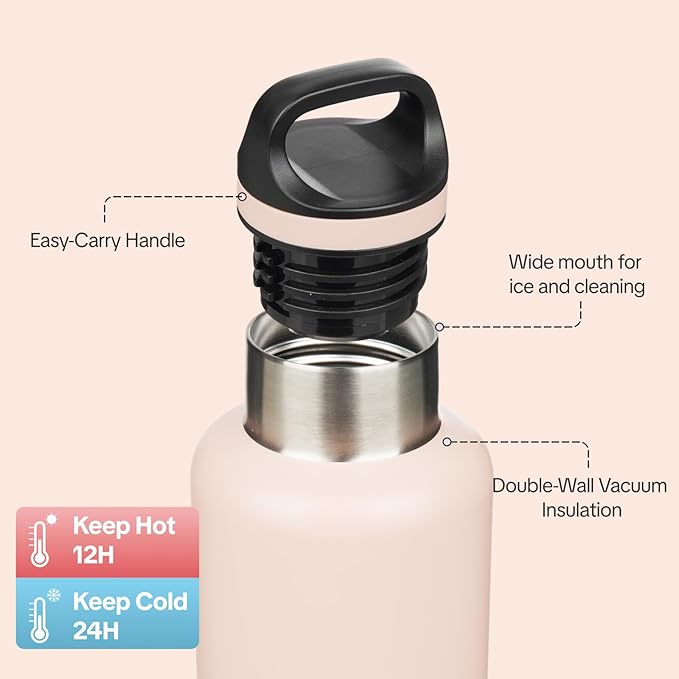 BJPKPK Insulated Water Bottle 32OZ Stainless Steel Water Bottle with Handle Double Walls Vacuum Insulated BPA Free Flask, Peach