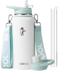 Coolflask Water Bottle with Straw, 32 oz Insulated Metal Water Flask with Straw & Spout Lids, Stainless Steel Double Wall Vacuum, Keep Cold 48h Hot 24h, Leak Proof, BPA-Free, Glacier White