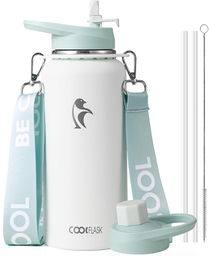 Coolflask Water Bottle with Straw, 32 oz Insulated Metal Water Flask with Straw & Spout Lids, Stainless Steel Double Wall Vacuum, Keep Cold 48h Hot 24h, Leak Proof, BPA-Free, Glacier White
