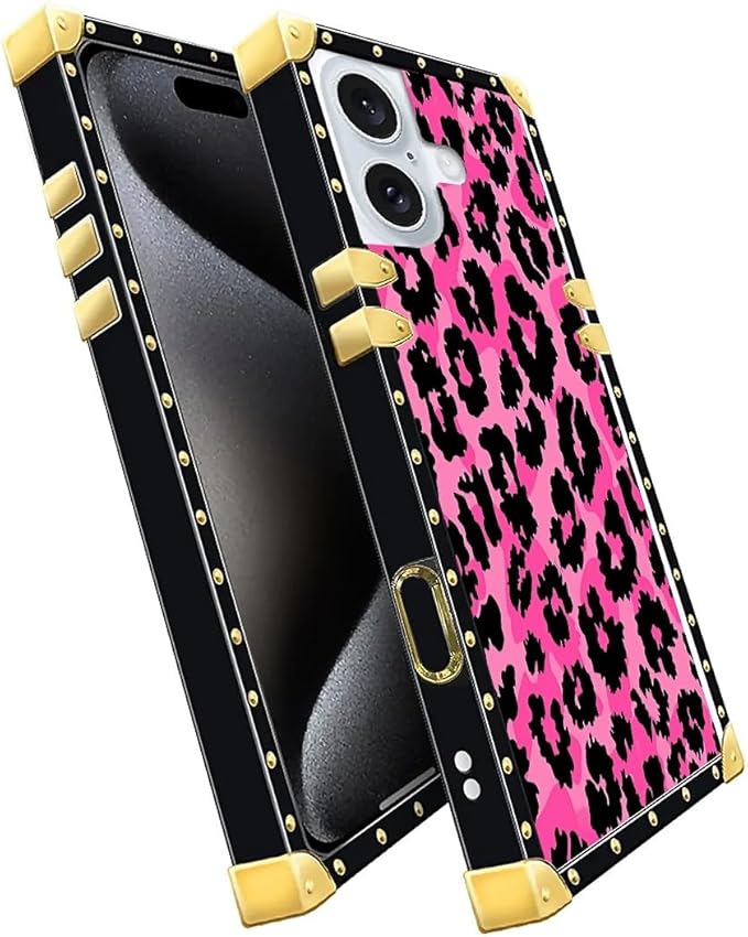 Compatible with iPhone 16 Case, Pink Black Leopard Luxury Golden Decoration for Girl Women Soft TPU Shockproof Protective Hard PC Back