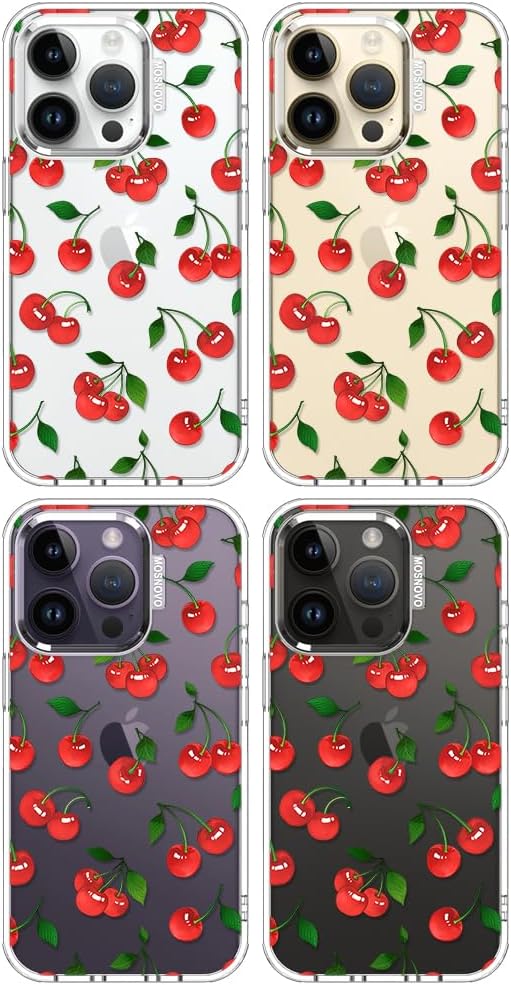MOSNOVO Case for iPhone 14 Pro, [Buffertech 6.6ft Military-Grade Drop Protection] [Anti Peel Off Tech] Clear TPU Bumper Phone Case Cover Design - Cute Cherry