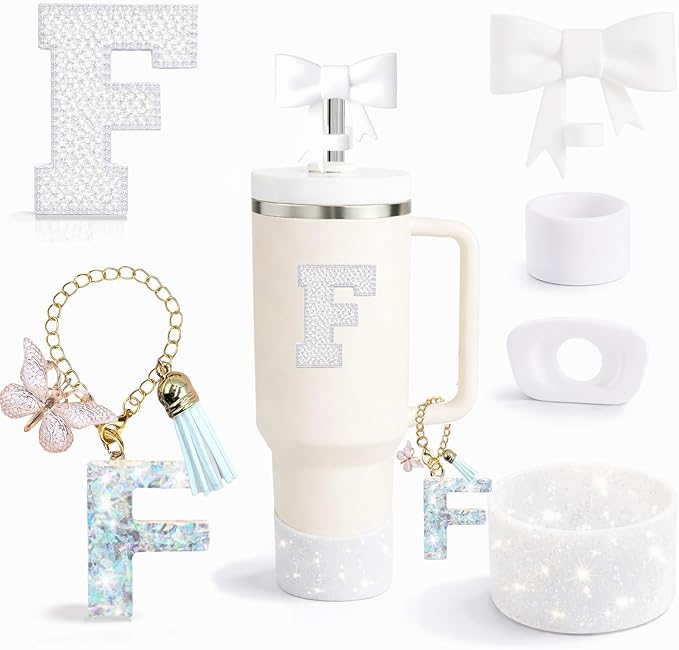 6PCS White Stanley Cup Accessories Set Fit for Stanley Cup 30oz 40oz. Including Handle Charm, Personalized Initial Sticker, Straw Topper, Sparkly Silicone Boot, Spill Proof Stopper (Letter-F)