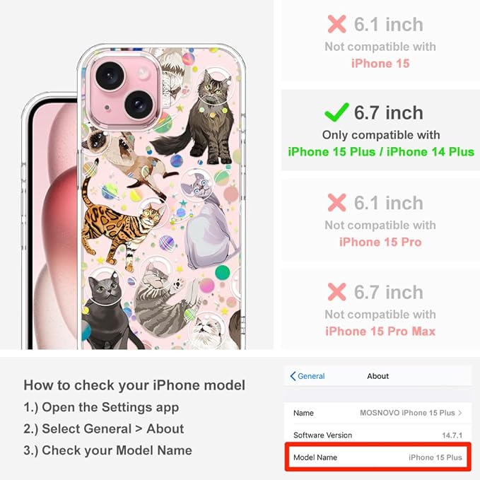 MOSNOVO Case for iPhone 15 Plus/iPhone 14 Plus, [Buffertech 6.6ft Military-Grade Drop Protection] [Anti Peel Off Tech] Clear TPU Bumper Phone Case Cover Design - Space Cat