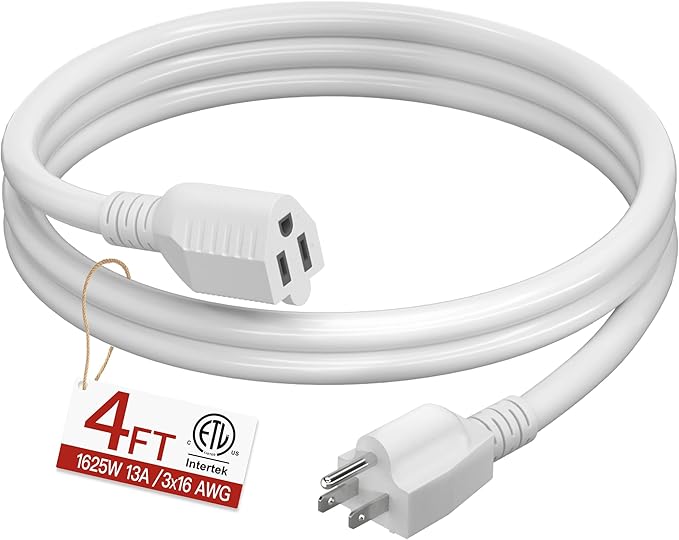 16/3 Short Extension Cord 4 FT, White Extension Cord Flexible & Durable, Indoor 3 Prong Power Cable, Suitable for Home and Office, 13 Amp 1625 Watt 125VAC 16AWG, ETL Listed