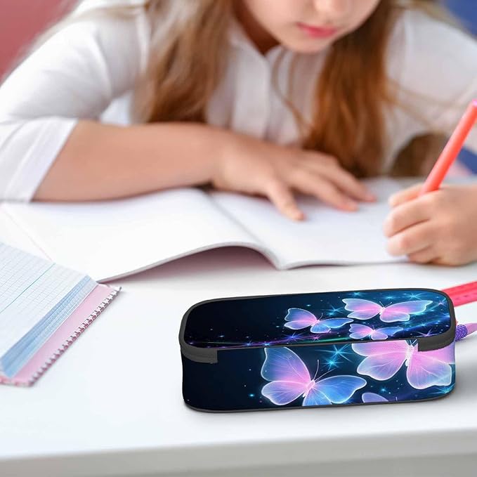 Glowing Butterflies Pencil Bag Sparkle Stars Bright Dark Blue Big Capacity Pencil Case Pencil Pouch Pen Bag School Students Boy Girl