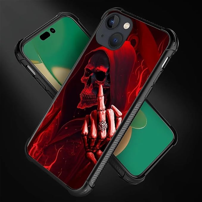 for iPhone 14 Plus Case, Gestures Funny Skull Pattern Graphic Design Girl Boy Soft Silicone Hard Acrylic Shock Protection for iPhone 14 Plus
