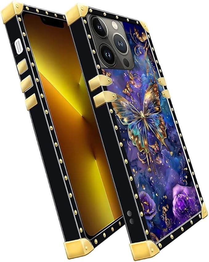 Compatible with iPhone 13 Pro Case, Glistening Golden Butterfly Vibrant Purple Blue Luxury Golden Decoration for Girl Women Soft TPU Shockproof Protective Hard PC Back