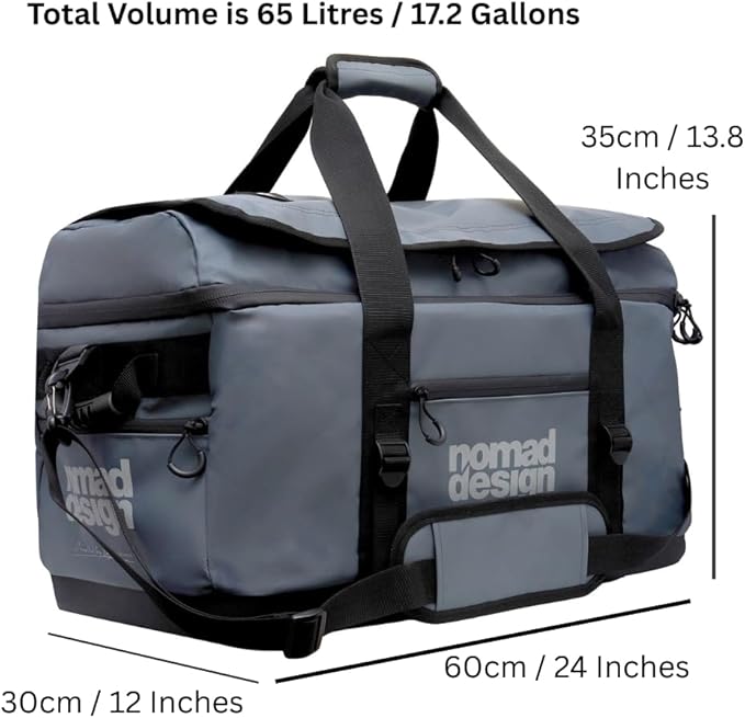 Nomad Design Tuff Loader 65L Max Dry Large Duffle Bag - Water-Resistant Gear Bag for Fishing, Travel & Outdoors – Heavy-Duty Zippers, Shoulder Strap, Roll-Top Closure