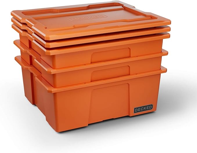 DECKED Payloader 32 L (3-Pack) - 75 lb Bin / 200 lb Lid Load Rated, Heavy-Duty Stackable Storage Bins, Fits Drawer System & Tool Box - Blaze Orange