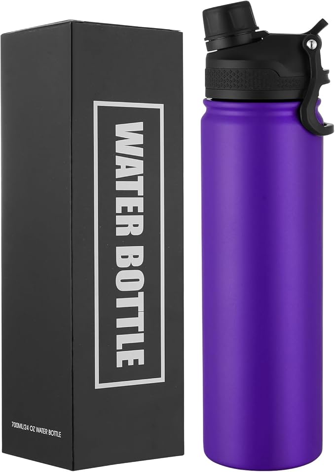 Insulated Water Bottle 24oz, Stainless Steel Double Wall Vacuum Sports Flask with 2-in-1 Straw & Chug Lid, BPA-Free, Leak Proof, Keeps Cold 24H for Travel Gym School