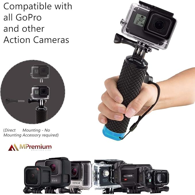 Floating Hand Grip Waterproof Monopod for GoPro Hero 13 12 11 10 9 8 7 6 5 4 3+ 2 1 Session Black Silver Handler & Handle Mount Accessories Kit for Water Sport and Action Cameras (Blue)