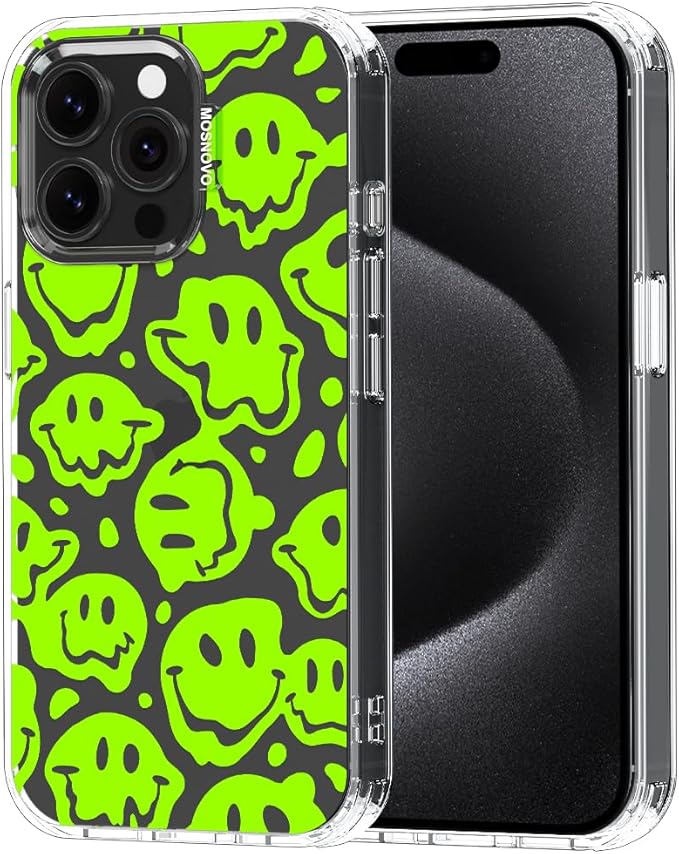 MOSNOVO Case for iPhone 15 Pro Max, [Buffertech 6.6ft Military-Grade Drop Protection] [Anti Peel Off Tech] Clear TPU Bumper Phone Case Cover Design - Distorted Green Smiles Face