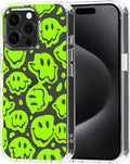 MOSNOVO Case for iPhone 15 Pro Max, [Buffertech 6.6ft Military-Grade Drop Protection] [Anti Peel Off Tech] Clear TPU Bumper Phone Case Cover Design - Distorted Green Smiles Face