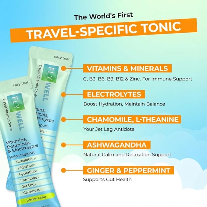 Travel Vitamin Tonic for Flight, Jet Lag, Hydration, Circulation, Digestion & Immune Support, Promotes Calmness, Electrolyte Powder, Travel Essentials, Lemon Lime, 15 Sticks
