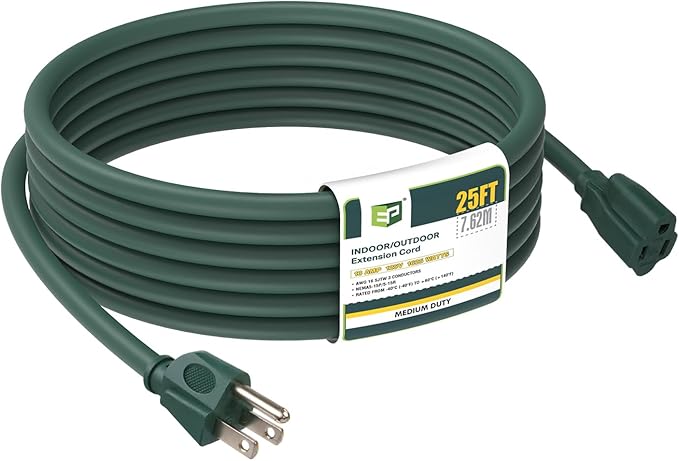 EP 25FT Green Outdoor Extension Cord, 16/3 SJTW Heavy Duty Waterproof, 3 Prong Grounded Plug, 13A 1625W 16AWG, Cold-Resistant Flexible Power Cable for Garden, Home, Christmas Lights