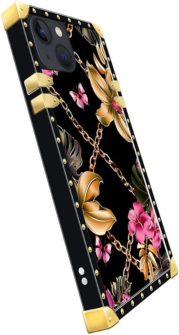 Compatible with iPhone 13 Case, Pink Golden Chain Tropical Flower Luxury Golden Decoration for Girl Women Soft TPU Shockproof Protective Hard PC Back for iPhone 13