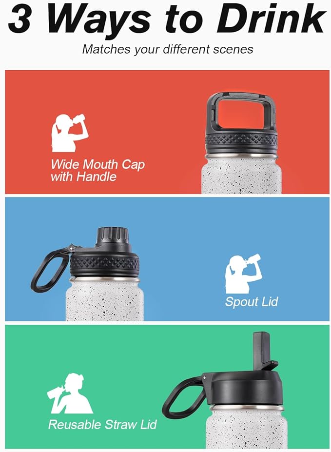 Coolflask Water Bottle 24 oz Insulated with Straw, Stainless Steel Metal 3 Lids Water Flask Wide Mouth for Sports or Office, Non-BPA Keep Cold Up to 48 Hrs or Hot Up to 24 Hrs, Arctic White