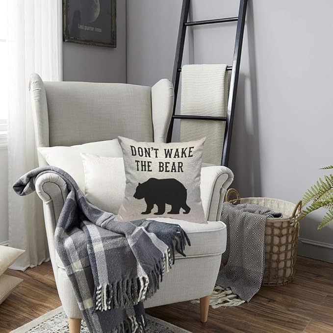 TKS MITLAN Don't Wake The Bear Decorative Pillow Covers Cool Animal Bear Black White Rustic Linen Throw Pillow Covers 18x18 Inch for Sofa Couch Decoration