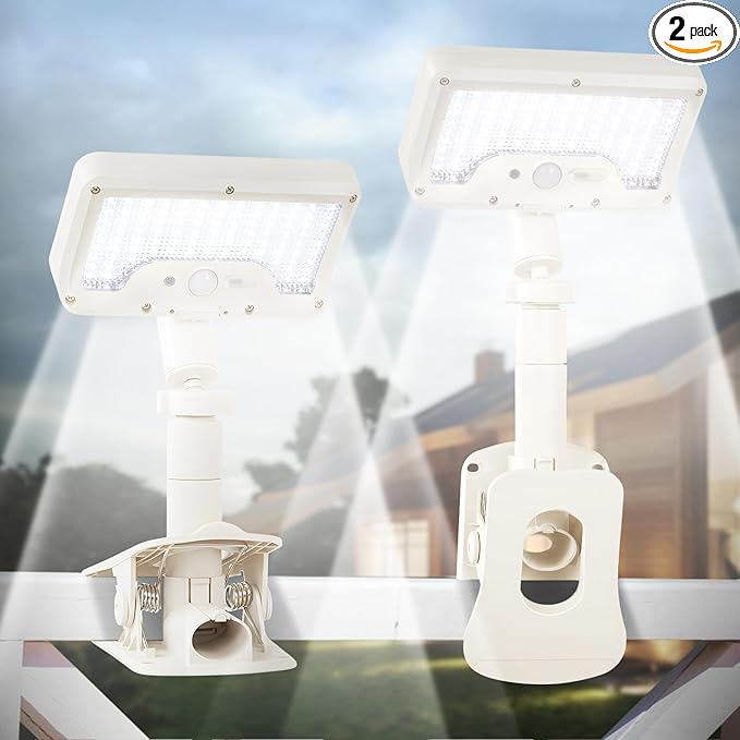 Clip On Solar Lights Outdoor with Motion Sensor, 360°Rotatable & Vertically Adjustable Solar Fence Lights with 92 LEDs (600 LM, 6000 K),IP65 Waterproof Security Light for Deck, Gutter（White, 2 Pack）