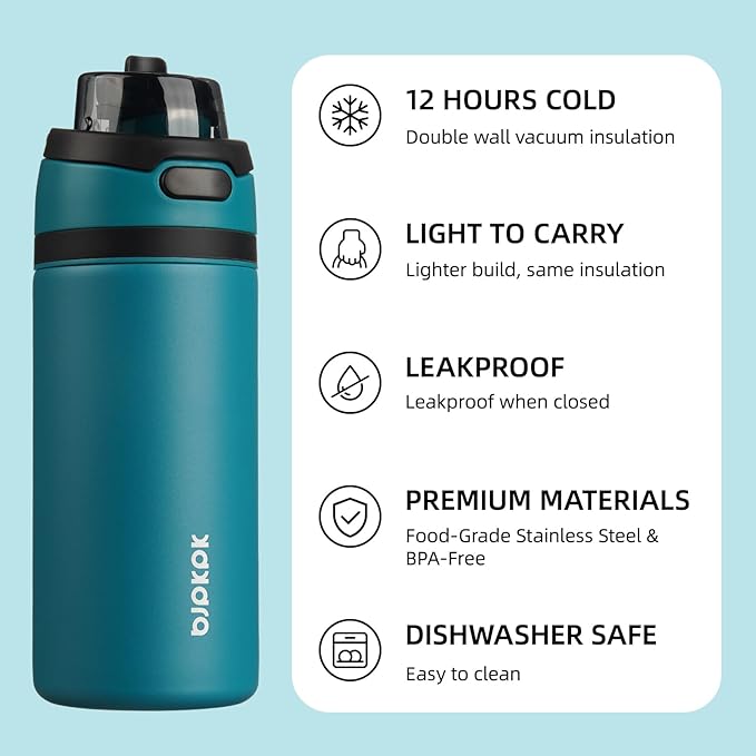 BJPKPK 17oz Insulated Water Bottle with 2-1 Straw Spout Lid, Stainless Steel Metal Water Bottles with Carry Handle, BPA Free, Leak-Proof, Fits in Car Cup Holder, Thermo for Sports,Ocean Blue