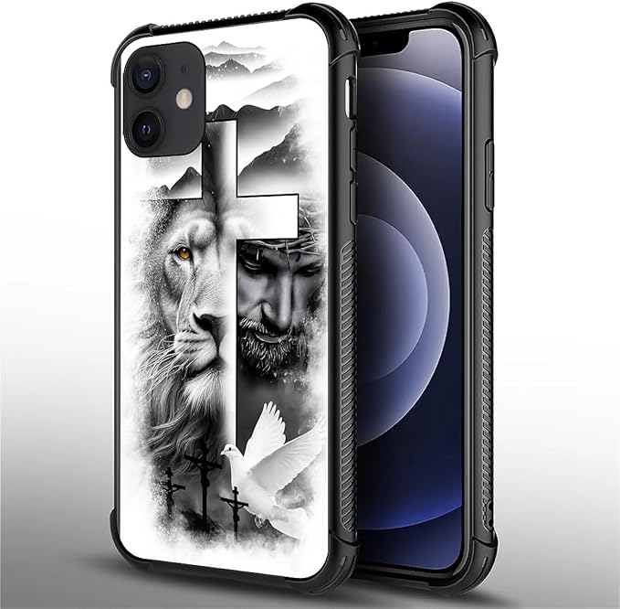 for iPhone 12/12 Pro Case, Lion Cross Jesus Christ Dove Pattern Graphic Design Girl Boy Soft Silicone Hard Acrylic Shock Protection for iPhone 12/12 Pro