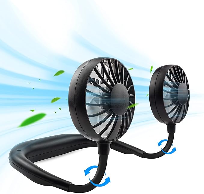 Portable Neck Fan Rechargeable Personal Hand-Free Fan Mini USB Wearable Neckband Sport Fan, 3 Speed Adjustable, 360 Degrees Free Rotation Perfect for Working, Traveling, Office, Reading (Full Black)