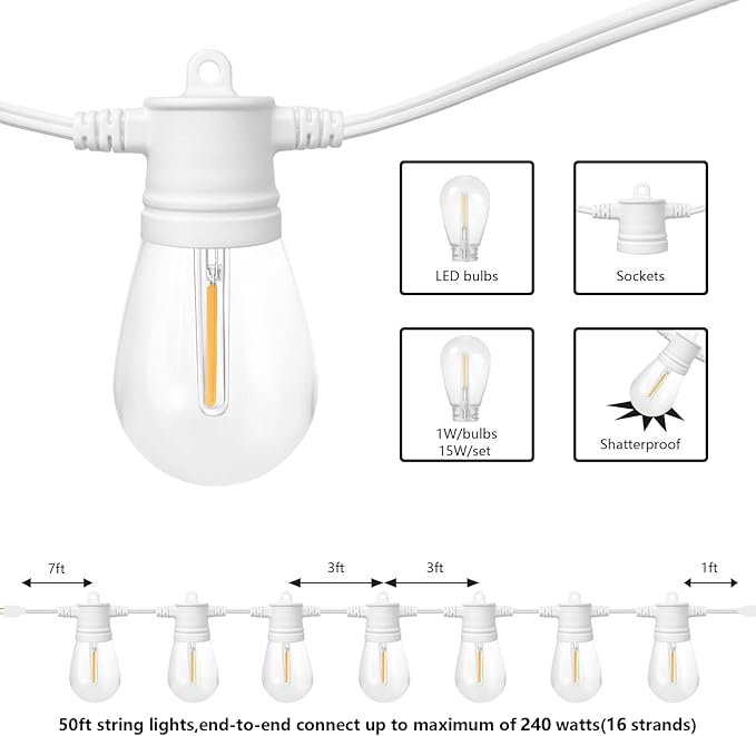 SUNTHIN Outdoor String Lights White, 3 * 50FT(150FT Total) White Patio Lights with 3 * 15 LED Shatterproof Bulbs for Outside, Backyard, Deck, Porch, Garden, Bistro, Cafe, Party