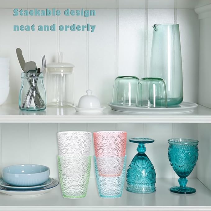 4 PCS Colored Plastic Drinking Glasses, Reusable Acrylic Drinking Cups, Stackable Juice Glasses Drinkware, Unbreakable Water Tumblers, BPA Free, Dishwasher Safe, 290 ML/10 OZ (4 Colors)