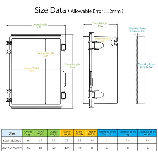 LeMotech Electrical Box, IP67 Waterproof Hinged Clear Cover Stainless Steel Latch Junction Box, ABS Plastic Electrical Enclosure with Mounting Plate,Wall Brackets, Cable Glands,8.2"x6.3"x3.9", Grey