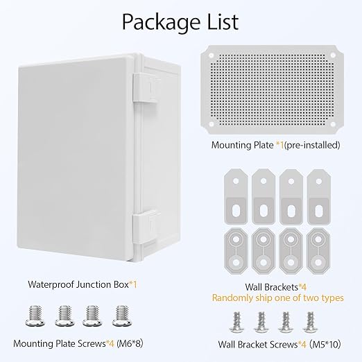 Junction Box IP65 Waterproof Dustproof ABS Plastic Enclosure, Outdoor and Indoor Project Box Hinged Cover with Mounting Plate Wall Brackets, Outer Dimension 11.8"x 7.9" x 6.3", Grey