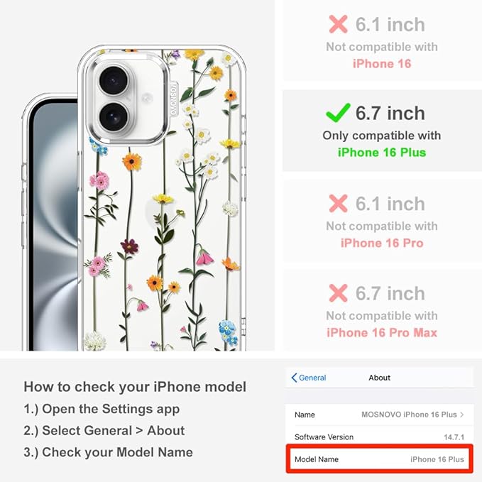 MOSNOVO Case for iPhone 16 Plus, [Buffertech 6.6ft Military-Grade Drop Protection] [Anti Peel Off Tech] Clear TPU Bumper Phone Case Cover Design - Wildflowers