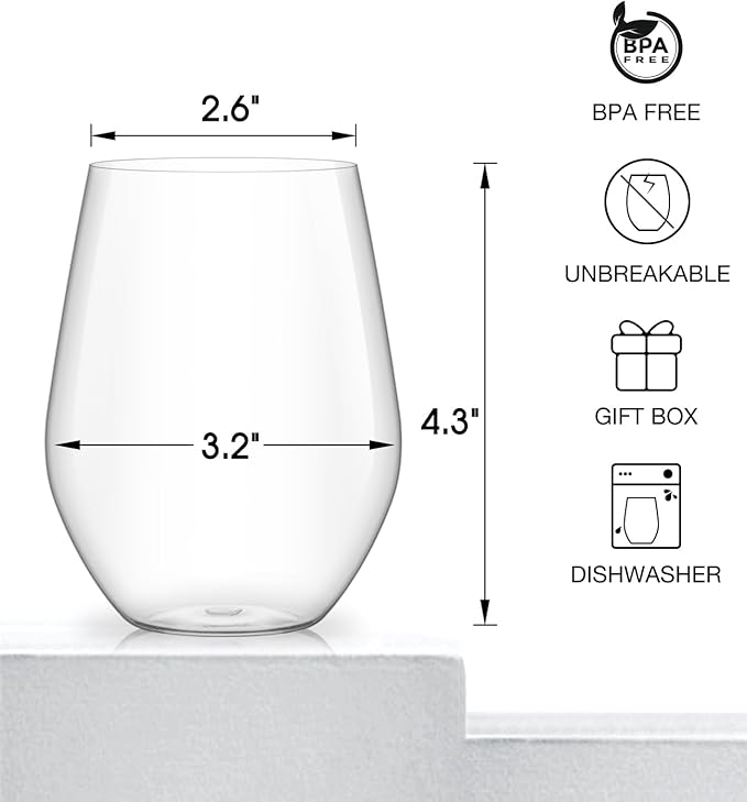 Unbreakable Plastic Stemless Wine Glasses Set of 6, Tritan Plastic Wine Glass BPA Free, Reusable Drinking Glassware for Outdoor Use, Poolside, Party, Camp, 16 OZ Clear