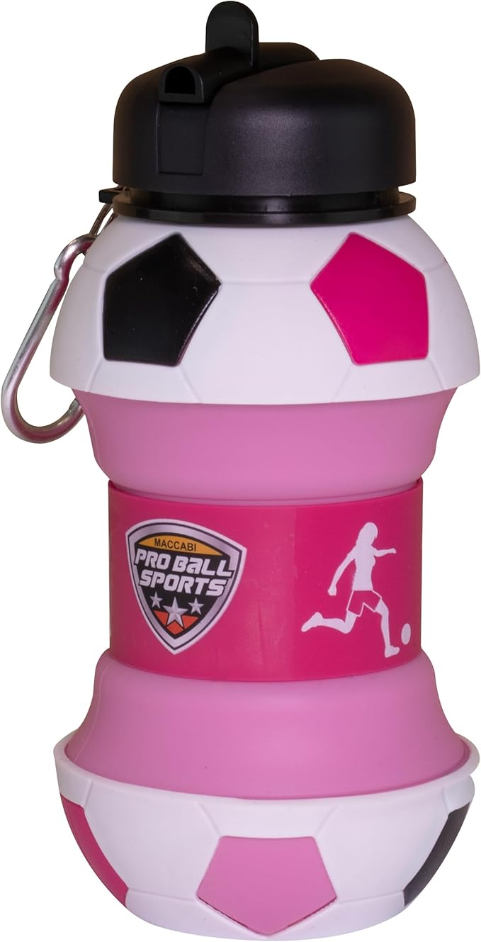 Maccabi Art Clip-On Collapsible BPA-Free Silicone Pink Soccer Ball Water Bottle for Kids, 18 Oz. Size