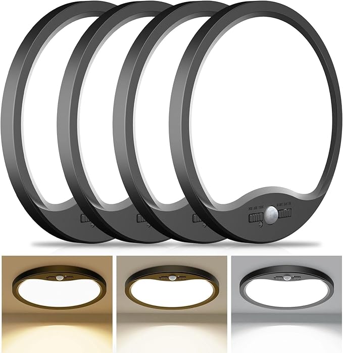 hepside 4 Pack Motion Sensor Ceiling Light Wired, 3000K/4000K/6500K LED Flush Mount Ceiling Light Fixture, 12Inch 24W Motion Sensor Light with Timer for Closet Stair Porch Hallway Pantry,Black